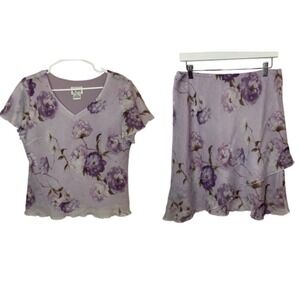 K‎ Petite 14P Purple Floral Skirt Set 2-Piece Chiffon Lined V-Neck